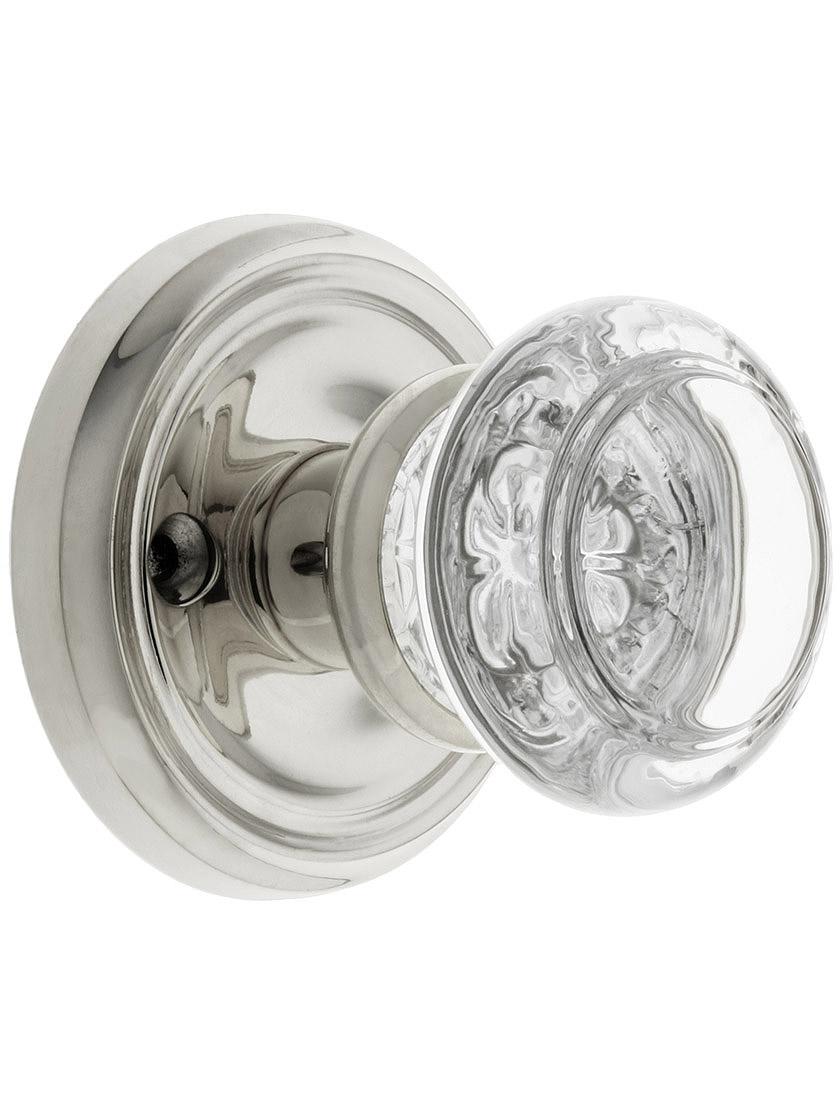 Traditional Rosette Set with Round Glass Door Knobs Polished Nickel.